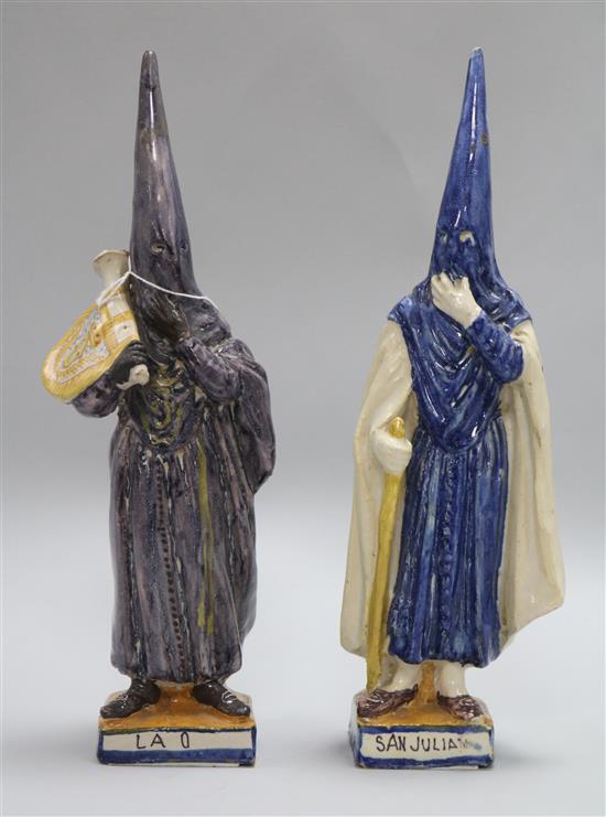 Two Montalvan, Triana maiolica figures of Nazarenos